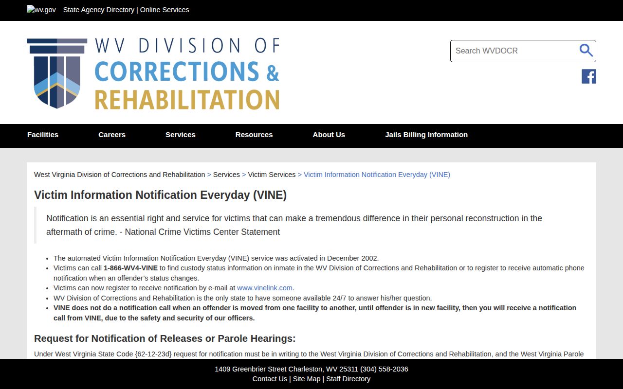 Hardy County custody notification information on the WVDCR VINE page