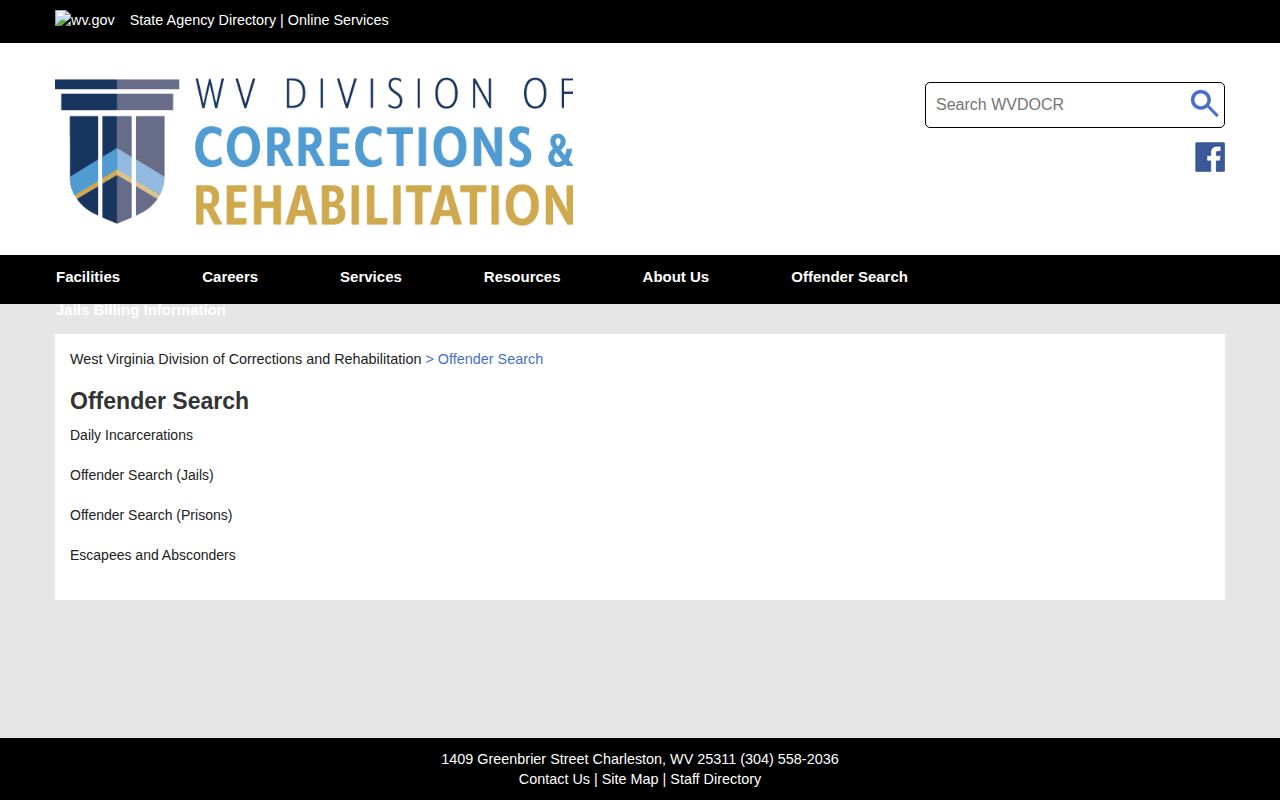 Hardy County regional jail lookup on the WVDCR offender-search page